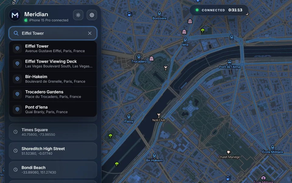 Searching for Eiffel Tower in Meridian One: five results in Paris and Las Vegas over a dark street map of Paris