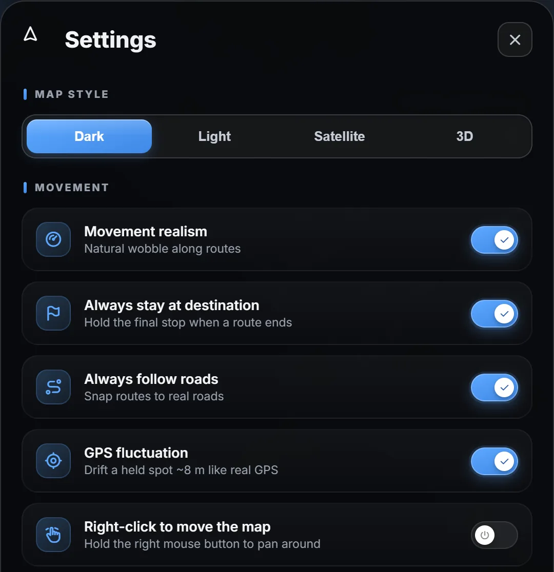 Meridian One settings: map style, movement realism, stay at destination, follow roads and GPS fluctuation toggles